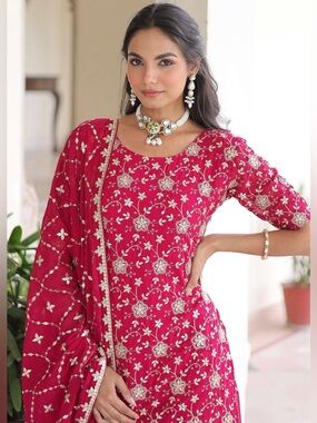 DESIGNER READYMADE TOP-SHARARA-DUPATTA COLLECTION Elegant RedFloral Embroidered.